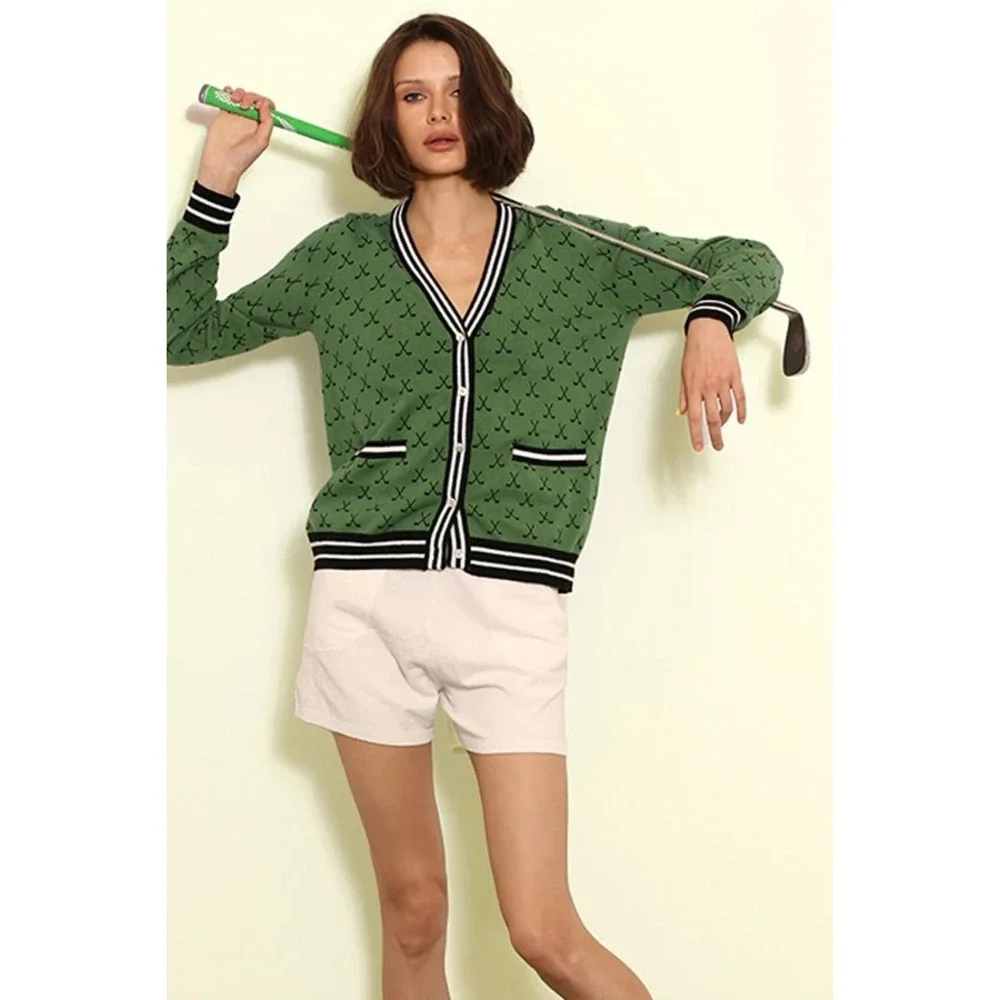Minnie Rose Tennis Club Print Cardigan Sweater  Golf Green Cotton Cashmere S